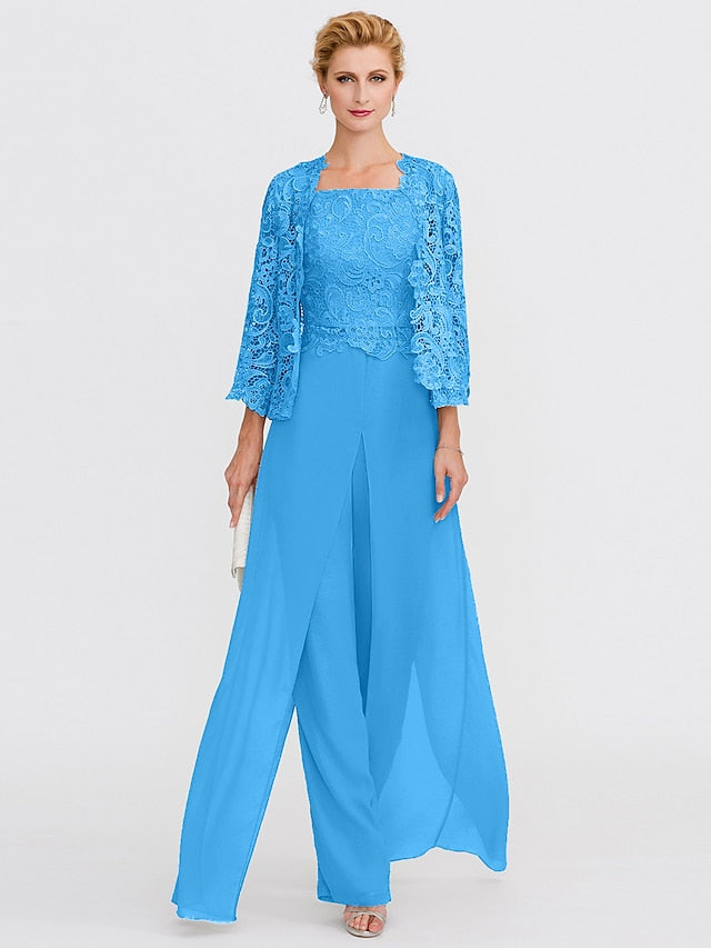 Jumpsuit / Pantsuit Mother of the Bride Dress Formal Plus Size Elegant Square Neck Floor Length Chiffon Corded Lace Sleeveless Wrap Included with Lace Appliques 2023 - LuckyFash™