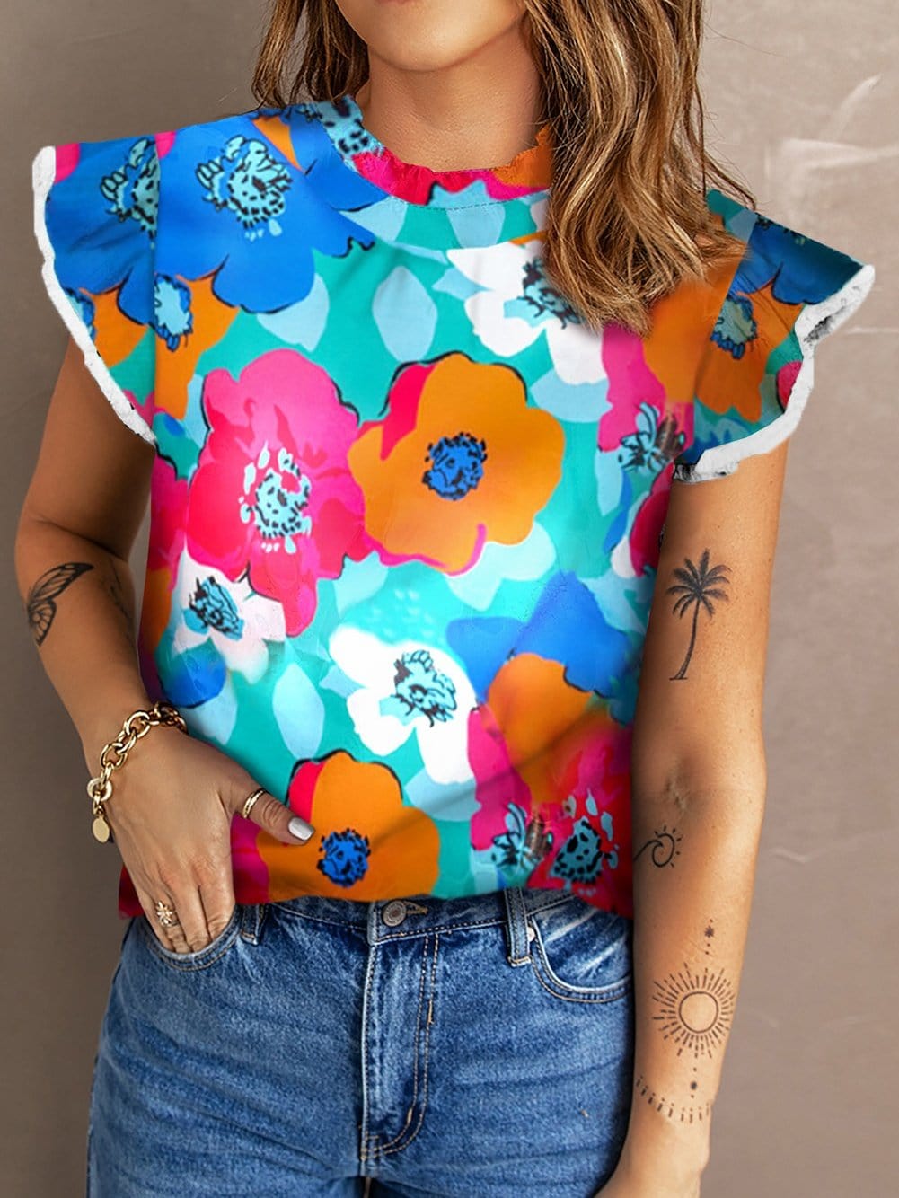 Sky Blue Abstract Print Flutter Sleeve High Neck Top