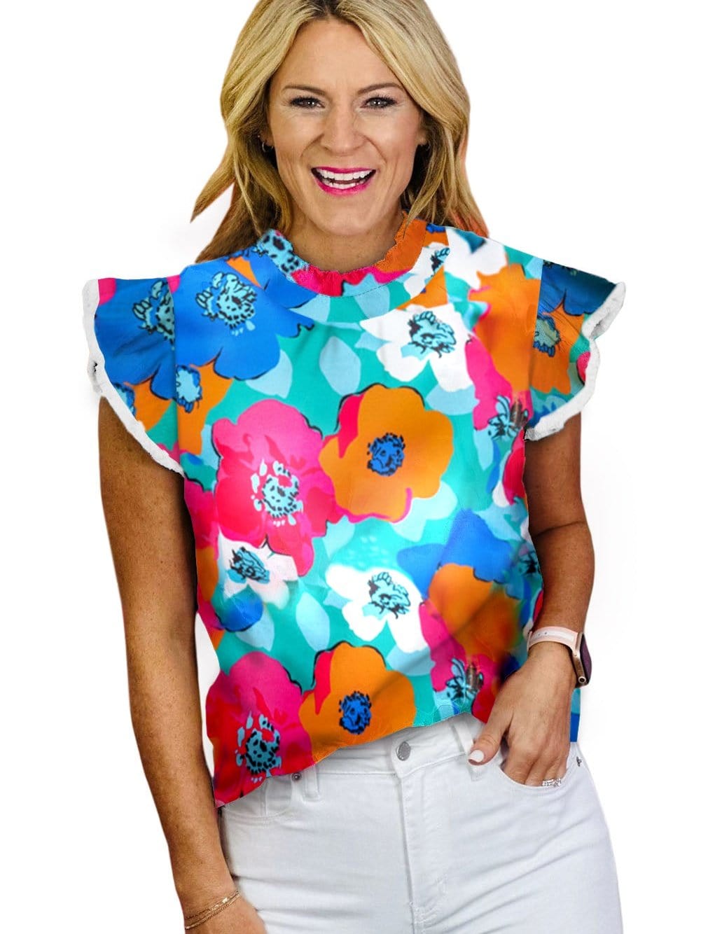 Sky Blue Abstract Print Flutter Sleeve High Neck Top