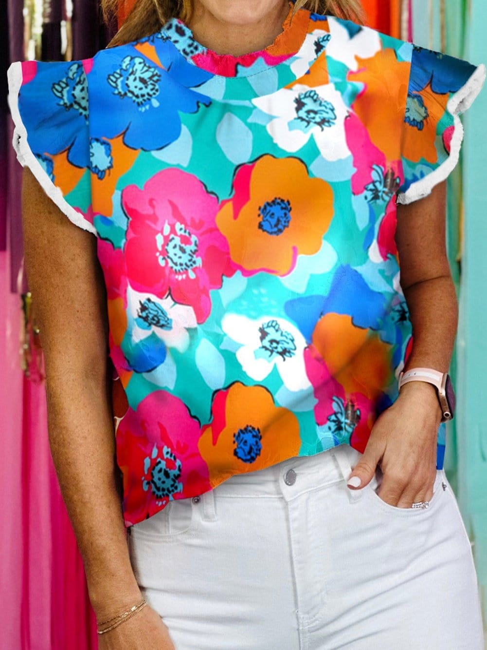 Sky Blue Abstract Print Flutter Sleeve High Neck Top