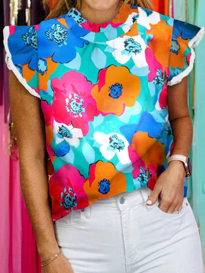 Sky Blue Abstract Print Flutter Sleeve High Neck Top