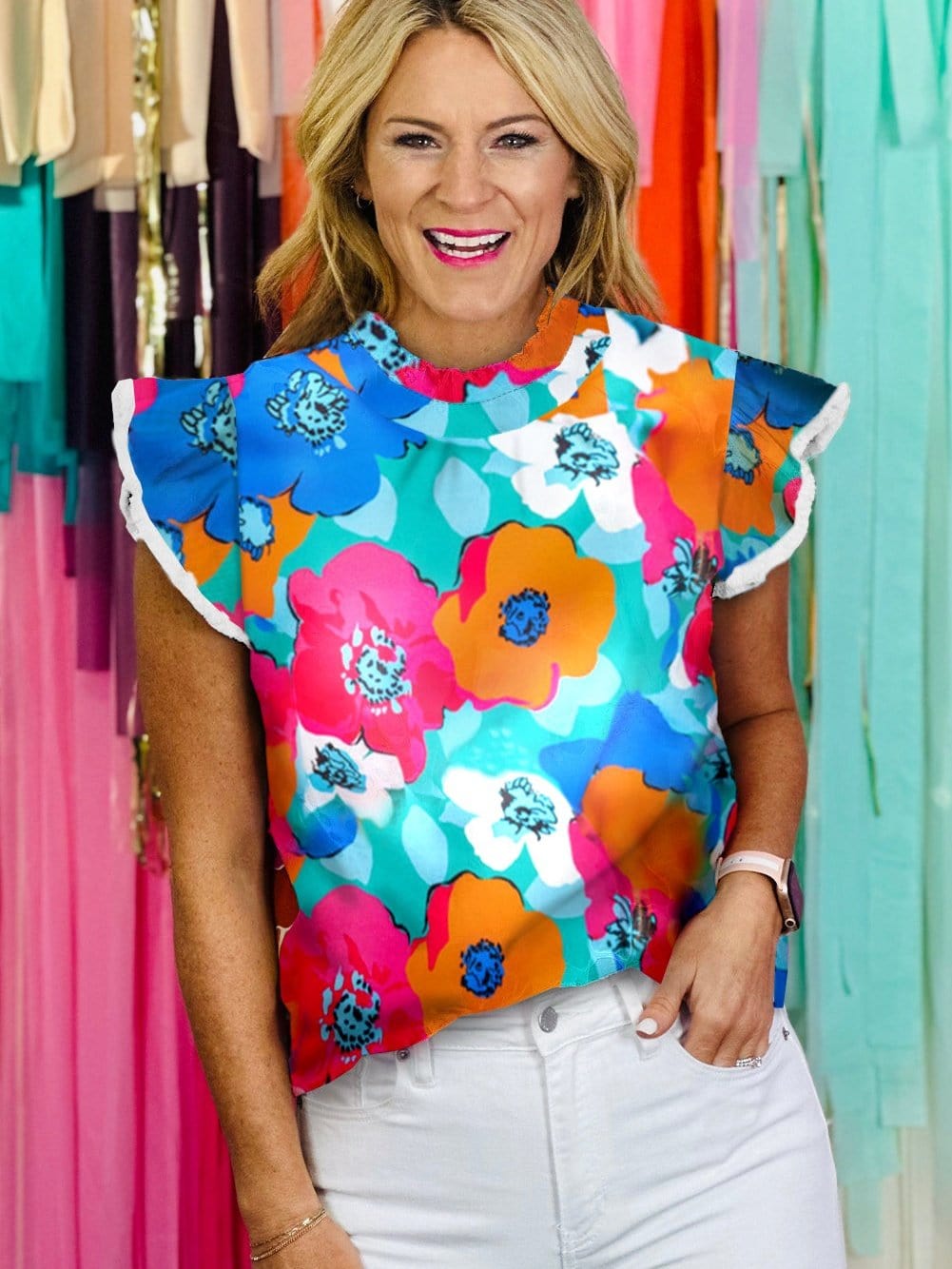 Sky Blue Abstract Print Flutter Sleeve High Neck Top