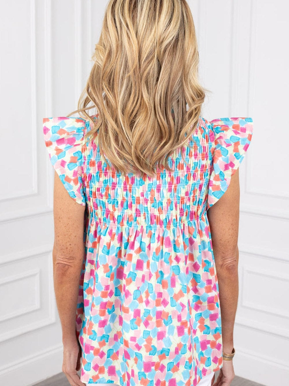 Sky Blue Abstract Print Ruffle Sleeve Blouse