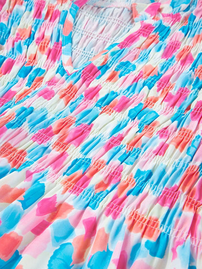 Sky Blue Abstract Print Ruffle Sleeve Blouse