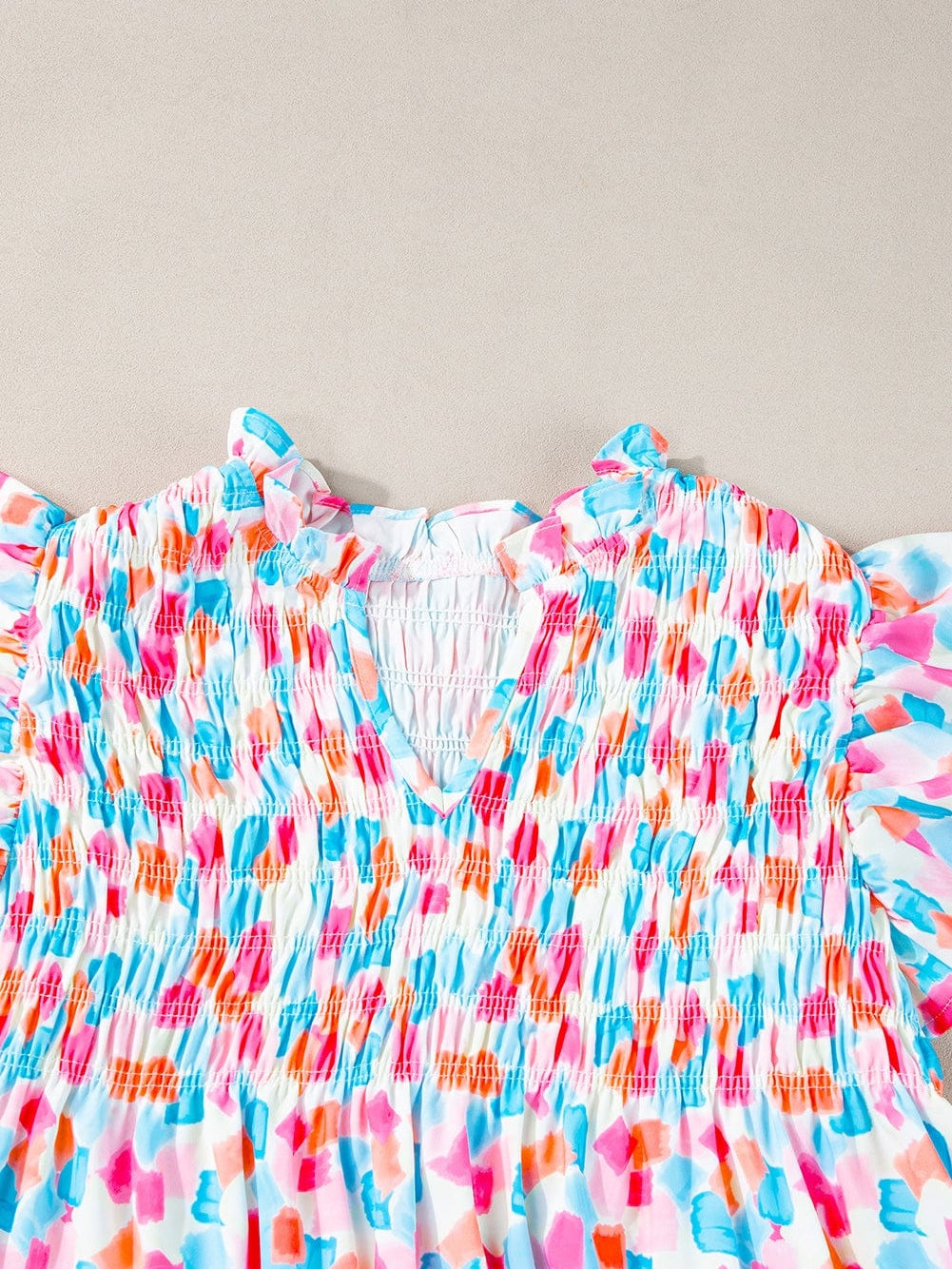 Sky Blue Abstract Print Ruffle Sleeve Blouse