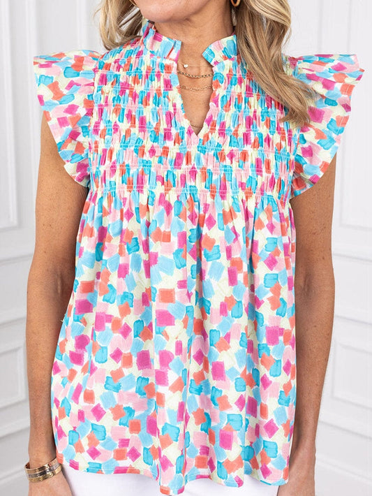 Sky Blue Abstract Print Ruffle Sleeve Blouse