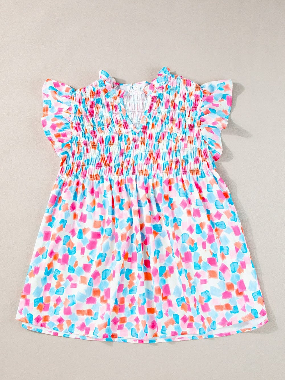 Sky Blue Abstract Print Ruffle Sleeve Blouse