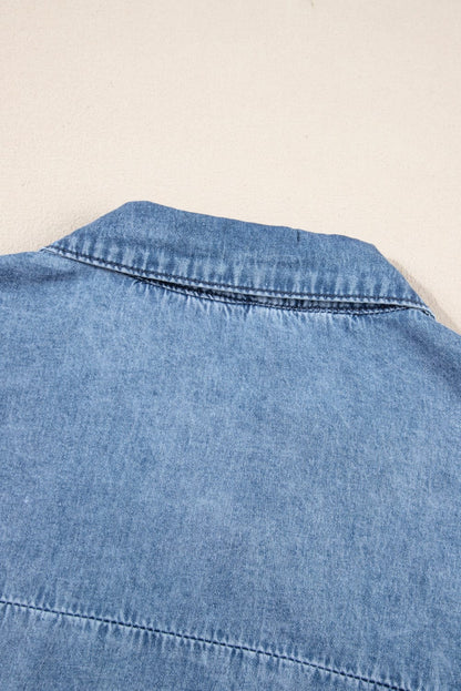 Sky Blue Acid Wash V Neck Tiered Denim Dress - Vintage-inspired A-Line Casual Mini Shift Dress