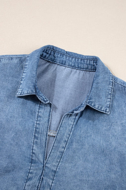 Sky Blue Acid Wash V Neck Tiered Denim Dress - Vintage-inspired A-Line Casual Mini Shift Dress