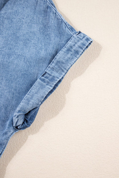 Sky Blue Acid Wash V Neck Tiered Denim Dress - Vintage-inspired A-Line Casual Mini Shift Dress