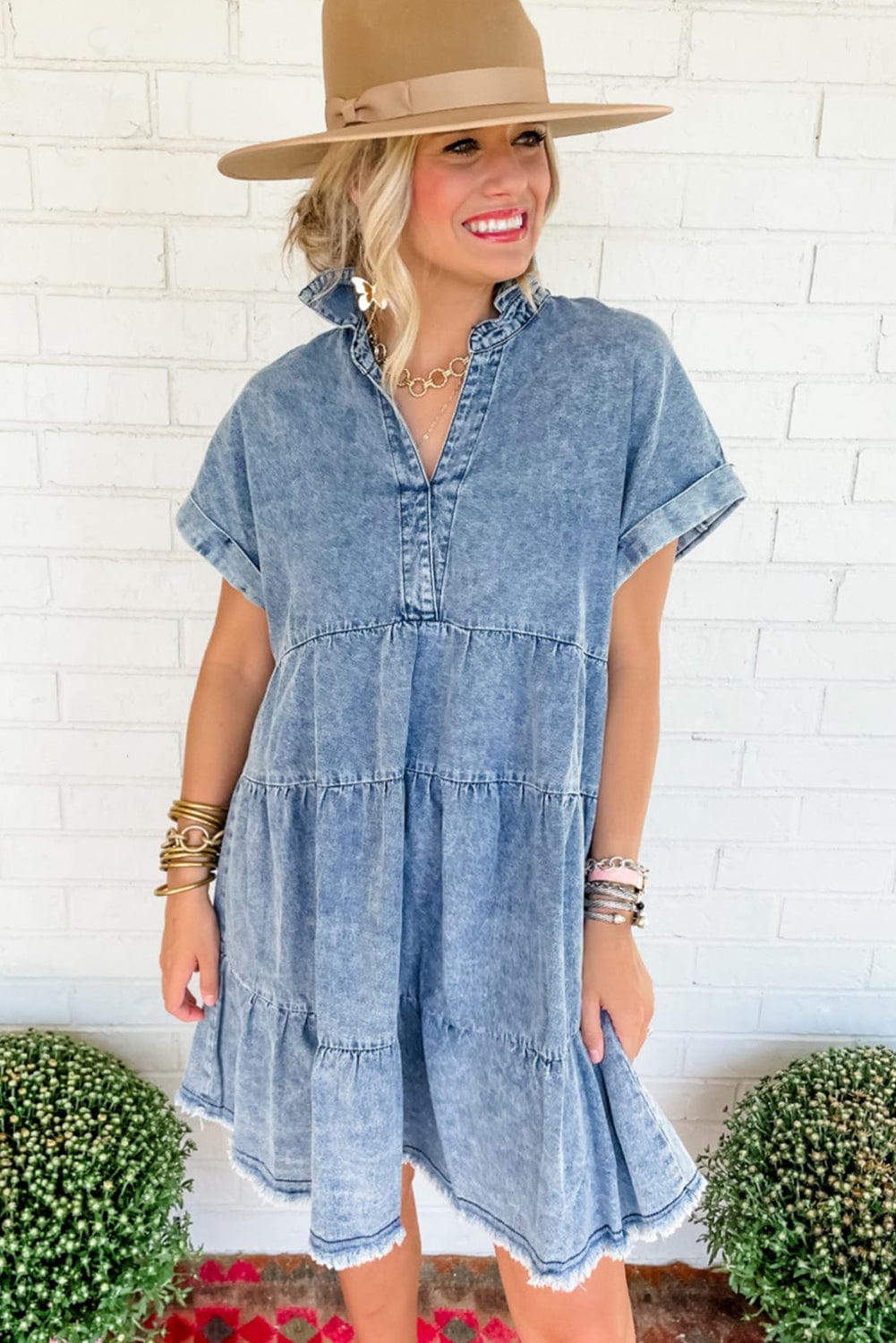 Sky Blue Acid Wash V Neck Tiered Denim Dress - Vintage-inspired A-Line Casual Mini Shift Dress
