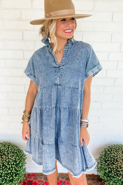 Sky Blue Acid Wash V Neck Tiered Denim Dress - Vintage-inspired A-Line Casual Mini Shift Dress