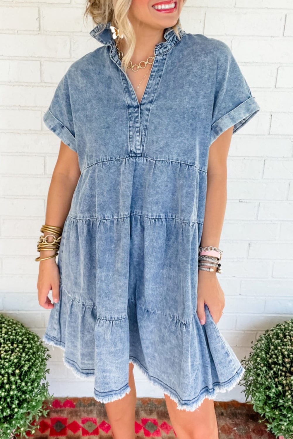 Sky Blue Acid Wash V Neck Tiered Denim Dress - Vintage-inspired A-Line Casual Mini Shift Dress