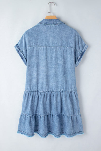 Sky Blue Acid Wash V Neck Tiered Denim Dress - Vintage-inspired A-Line Casual Mini Shift Dress