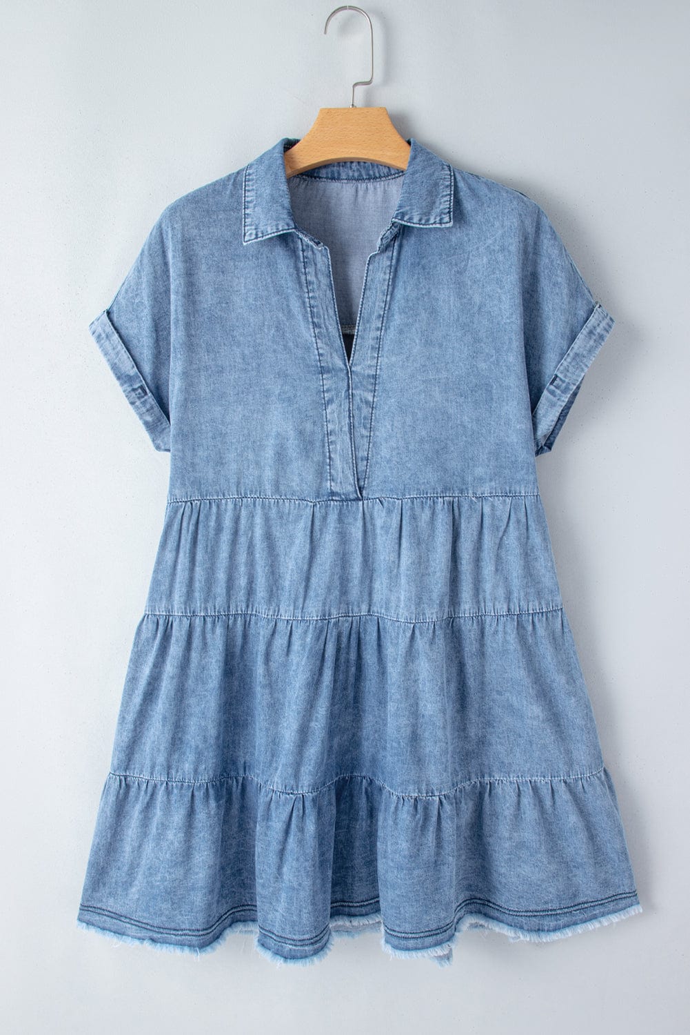 Sky Blue Acid Wash V Neck Tiered Denim Dress - Vintage-inspired A-Line Casual Mini Shift Dress