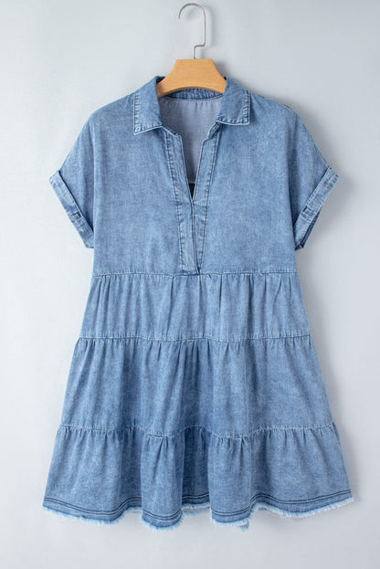 Sky Blue Acid Wash V Neck Tiered Denim Dress - Vintage-inspired A-Line Casual Mini Shift Dress