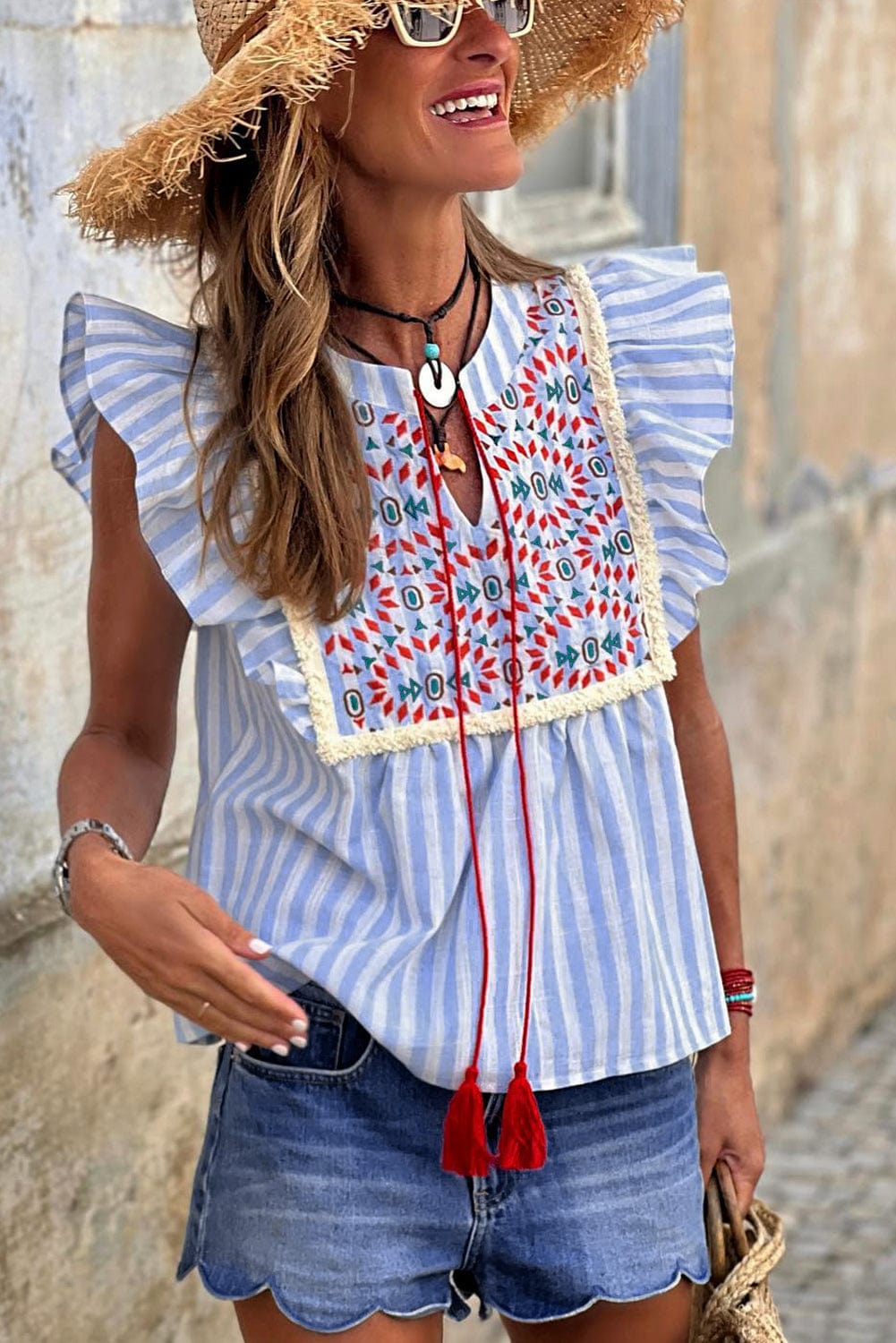 Sky Blue Aztec Embroidered Flutter Blouse with Tassel Accents