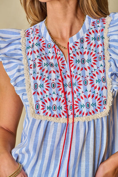 Sky Blue Aztec Embroidered Flutter Blouse with Tassel Accents