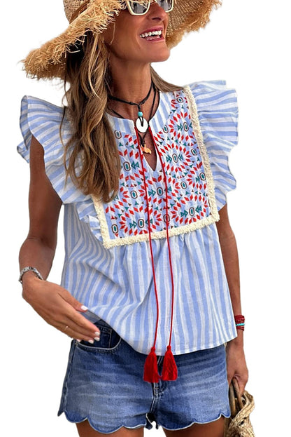Sky Blue Aztec Embroidered Flutter Blouse with Tassel Accents