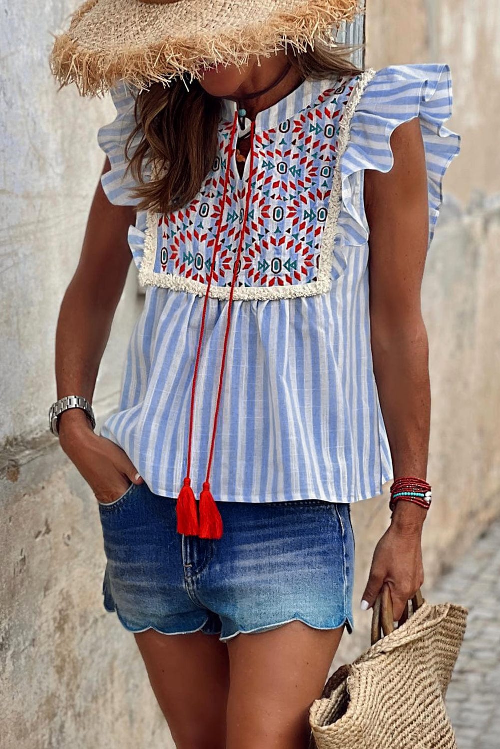 Sky Blue Aztec Embroidered Flutter Blouse with Tassel Accents