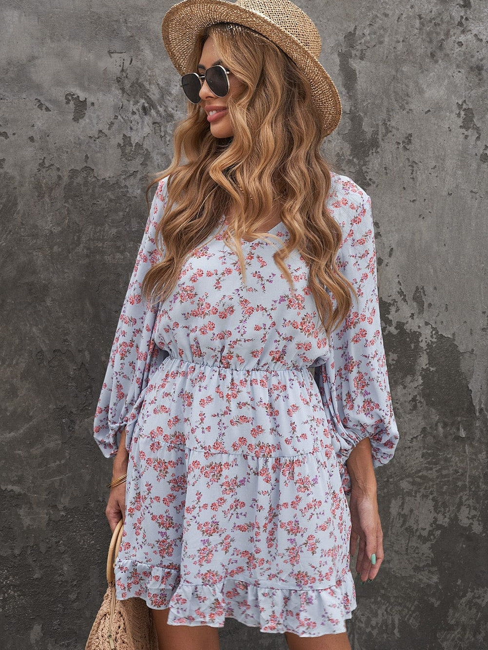 Sky Blue Boho Floral Lantern Sleeve V Neck Tunic Dress