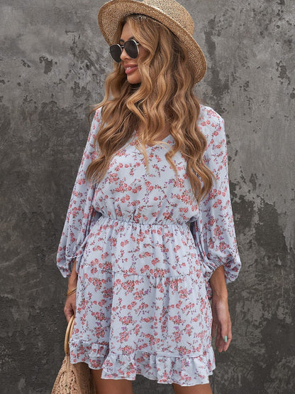 Sky Blue Boho Floral Lantern Sleeve V Neck Tunic Dress