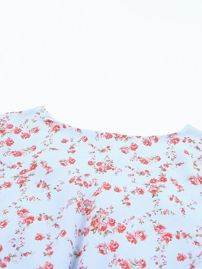 Sky Blue Boho Floral Lantern Sleeve V Neck Tunic Dress