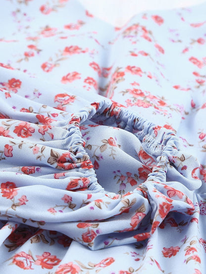 Sky Blue Boho Floral Lantern Sleeve V Neck Tunic Dress