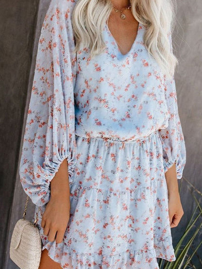 Sky Blue Boho Floral Lantern Sleeve V Neck Tunic Dress