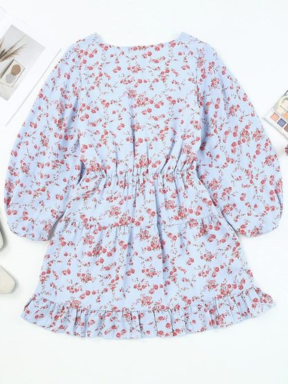 Sky Blue Boho Floral Lantern Sleeve V Neck Tunic Dress