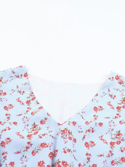 Sky Blue Boho Floral Lantern Sleeve V Neck Tunic Dress
