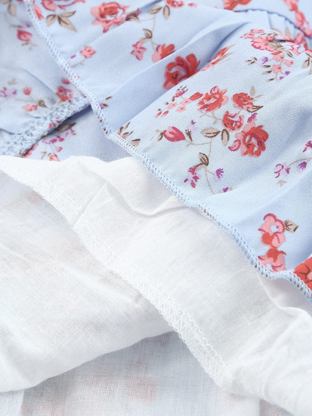 Sky Blue Boho Floral Lantern Sleeve V Neck Tunic Dress