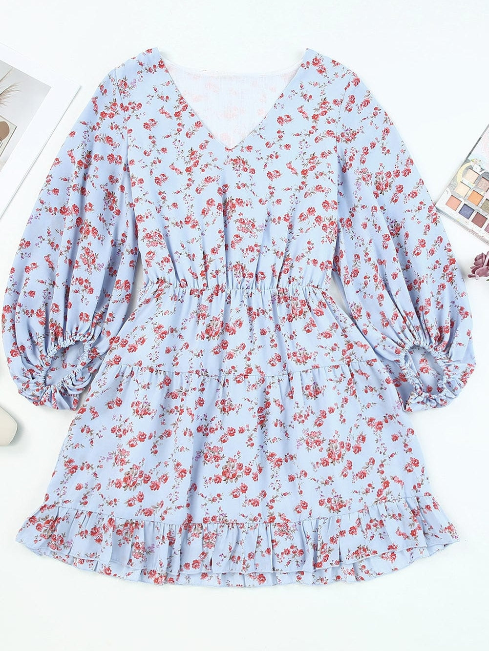 Sky Blue Boho Floral Lantern Sleeve V Neck Tunic Dress