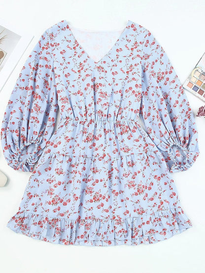Sky Blue Boho Floral Lantern Sleeve V Neck Tunic Dress