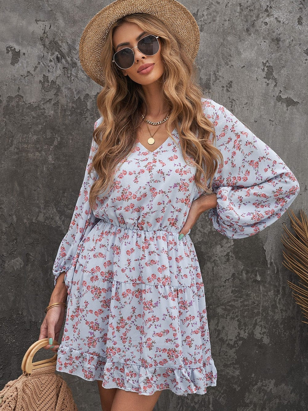 Sky Blue Boho Floral Lantern Sleeve V Neck Tunic Dress