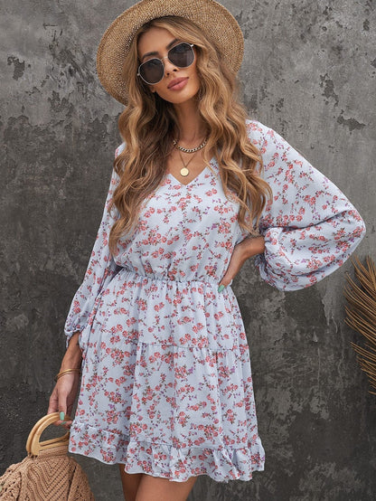 Sky Blue Boho Floral Lantern Sleeve V Neck Tunic Dress