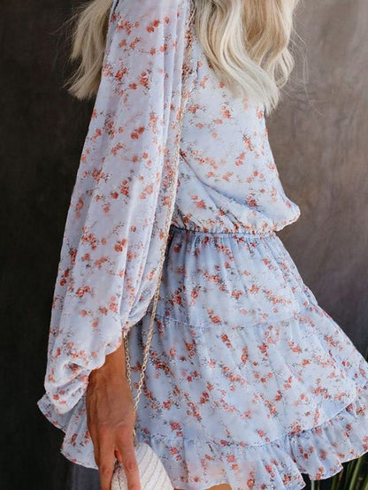 Sky Blue Boho Floral Lantern Sleeve V Neck Tunic Dress