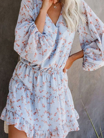 Sky Blue Boho Floral Lantern Sleeve V Neck Tunic Dress