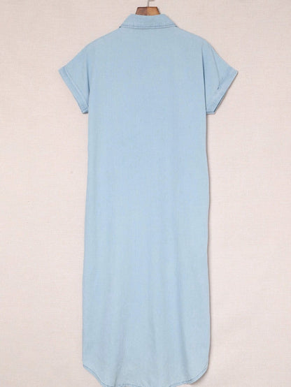 Sky Blue Chambray Midi Dress with Short Sleeves