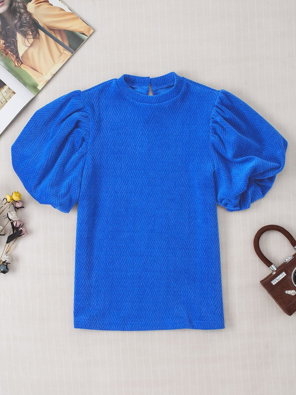 Sky Blue Chevron Texture Mock Neck Blouse