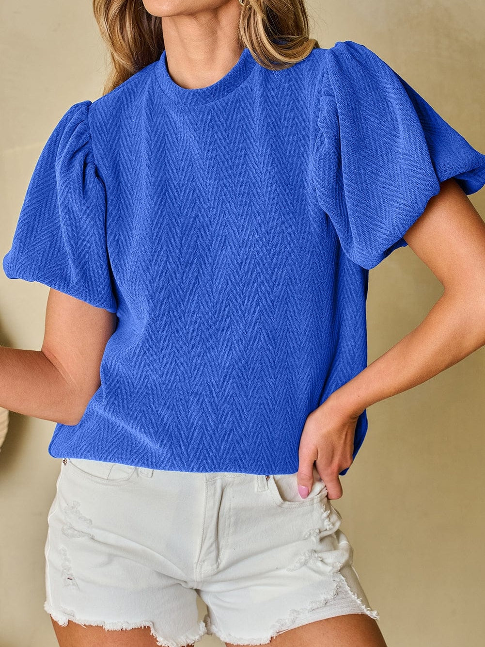 Sky Blue Chevron Texture Mock Neck Blouse
