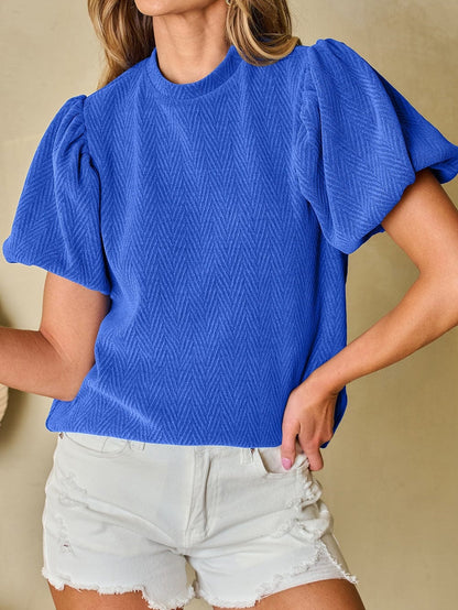 Sky Blue Chevron Texture Mock Neck Blouse