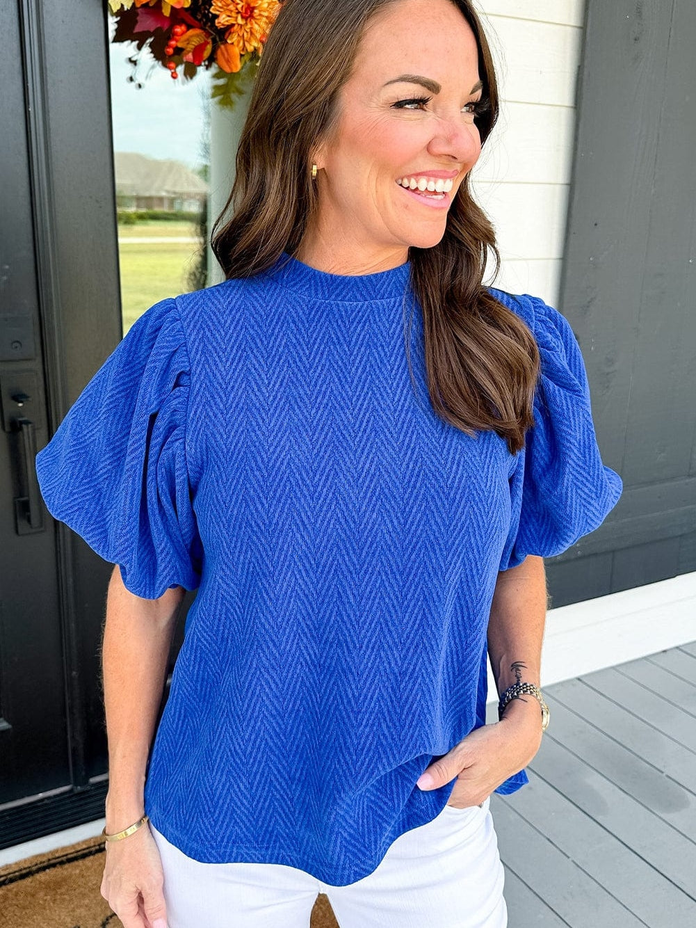 Sky Blue Chevron Texture Mock Neck Blouse