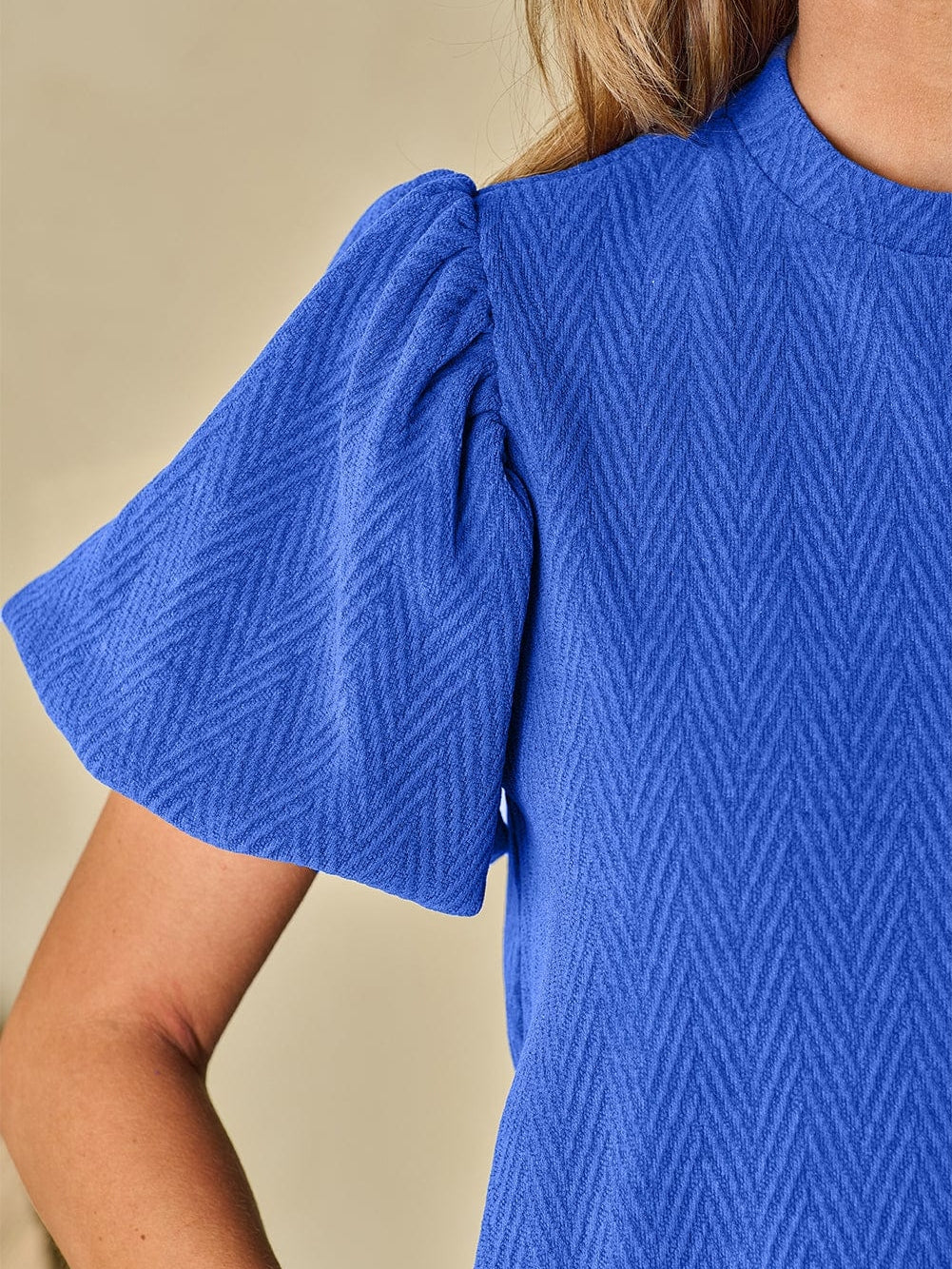 Sky Blue Chevron Texture Mock Neck Blouse