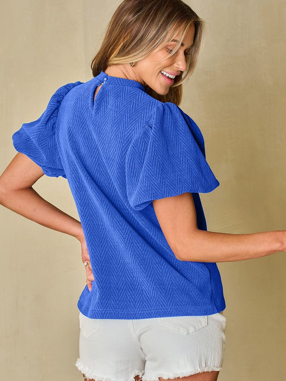 Sky Blue Chevron Texture Mock Neck Blouse