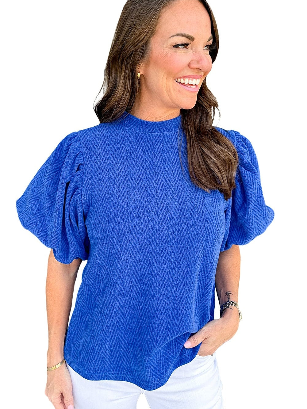 Sky Blue Chevron Texture Mock Neck Blouse