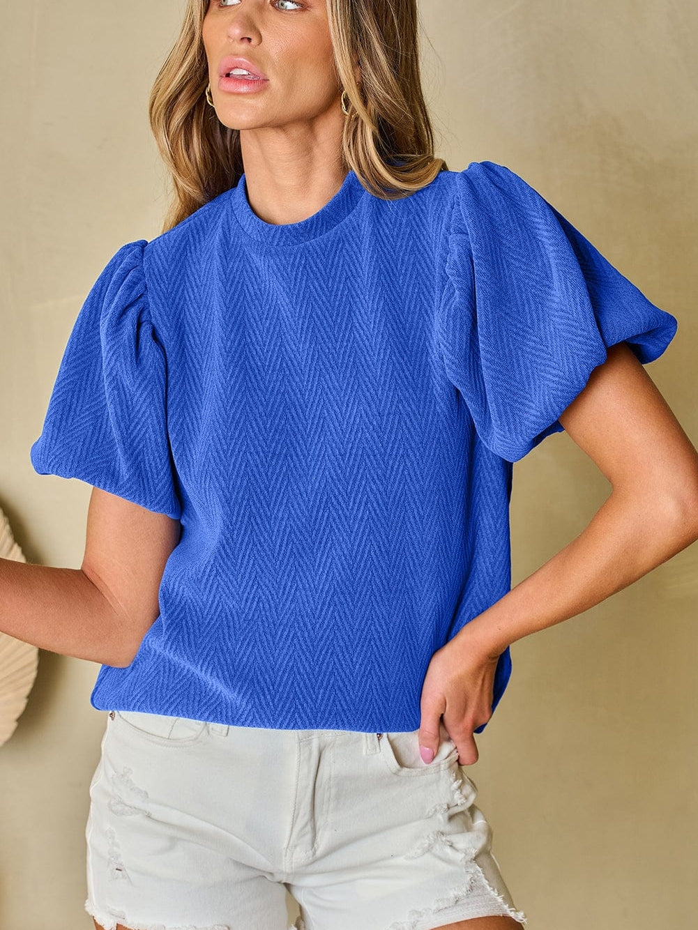 Sky Blue Chevron Texture Mock Neck Blouse