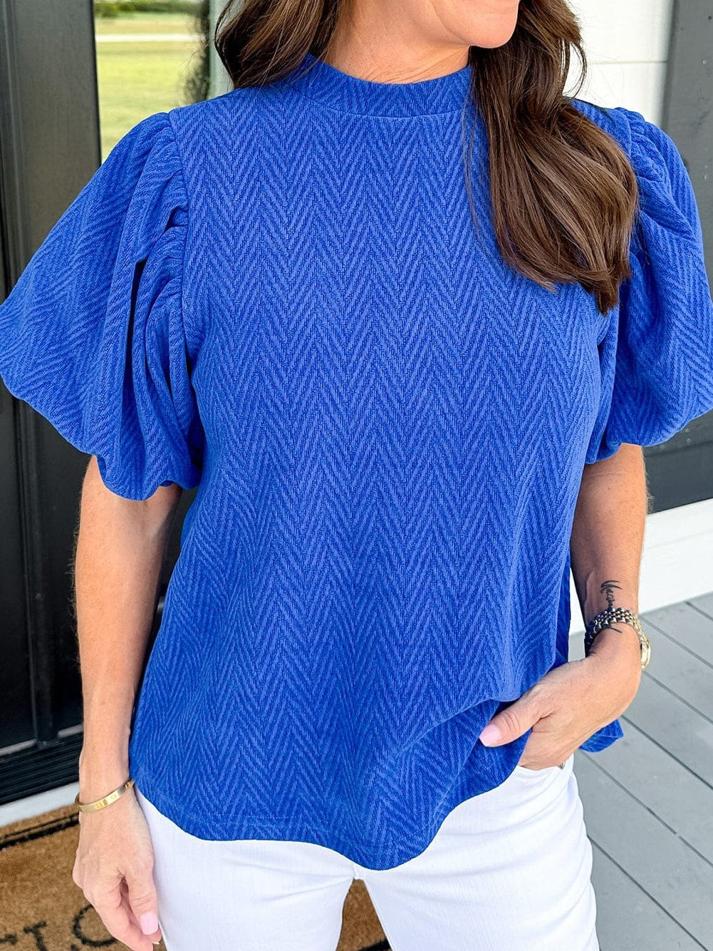 Sky Blue Chevron Texture Mock Neck Blouse