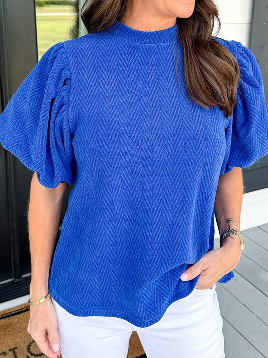 Sky Blue Chevron Texture Mock Neck Blouse