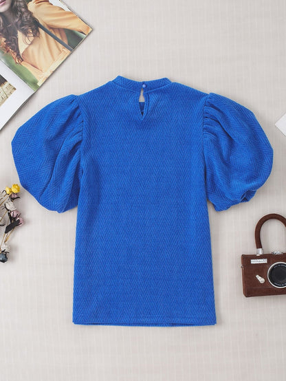 Sky Blue Chevron Texture Mock Neck Blouse